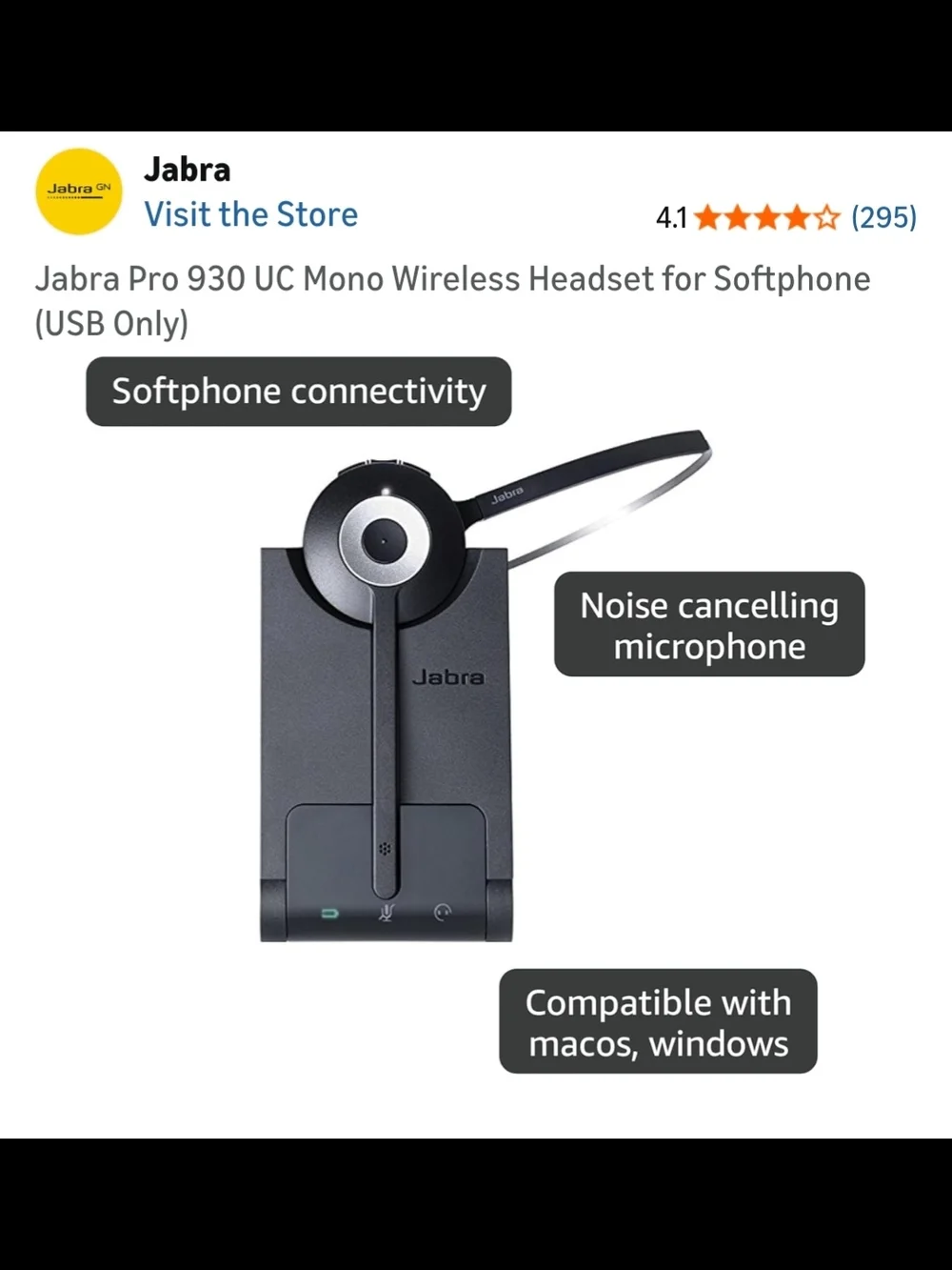 Jabra Pro 930 UC Mono Wireless Headset for Softphone (USB Only)